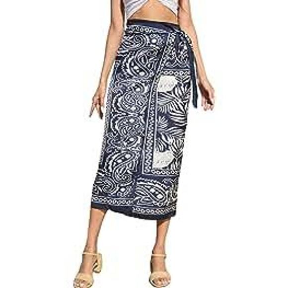 Paisley Blue & White Handkerchief Wrap Midi Skirt S NWT - Picture 5 of 12